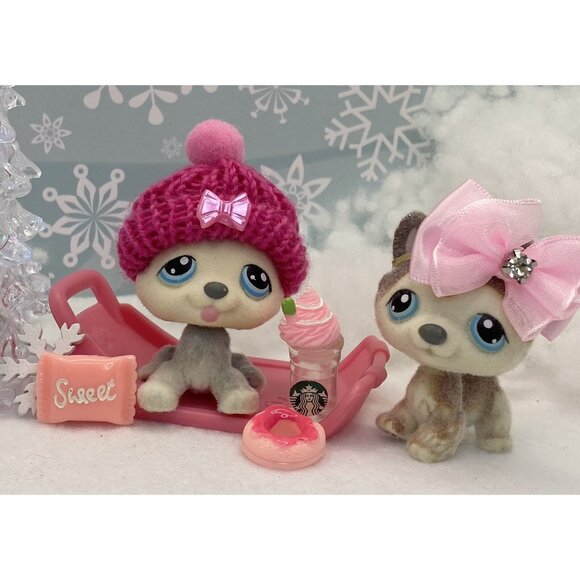 Littlest Pet Shop Custom Flocked Fuzzy # 68 & 70 Brown White Gray Husky Dogs - Picture 1 of 3